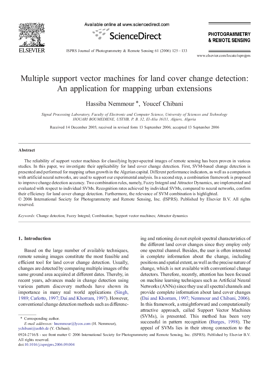 Multiple support vector machines for land cover change detection: An application for mapping urban extensions