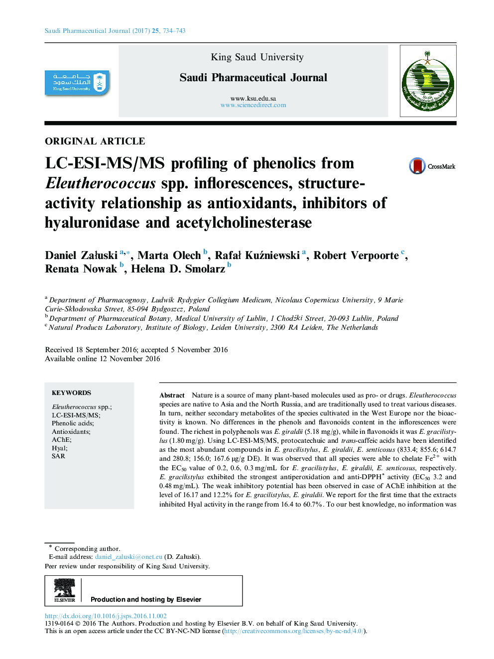 LC-ESI-MS/MS profiling of phenolics from Eleutherococcus spp. inflorescences, structure-activity relationship as antioxidants, inhibitors of hyaluronidase and acetylcholinesterase