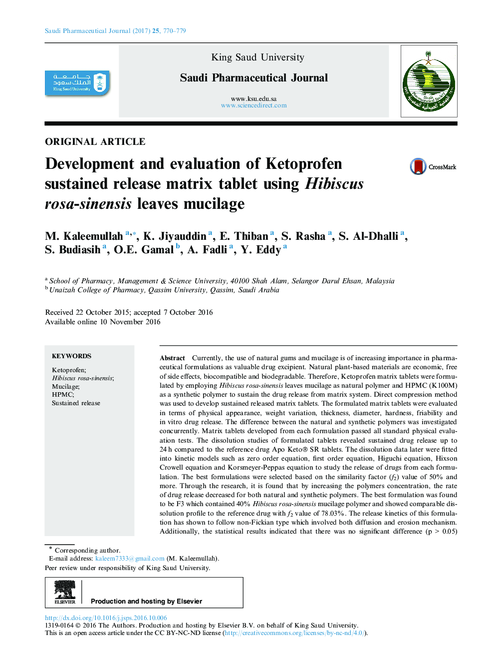 Development and evaluation of Ketoprofen sustained release matrix tablet using Hibiscus rosa-sinensis leaves mucilage