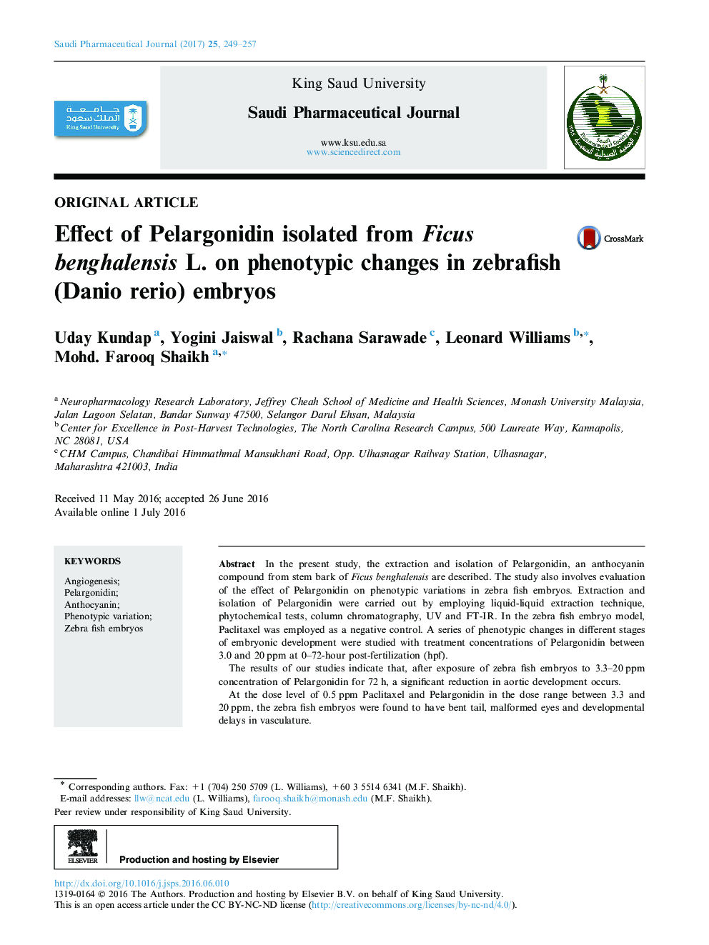 Effect of Pelargonidin isolated from Ficus benghalensis L. on phenotypic changes in zebrafish (Danio rerio) embryos
