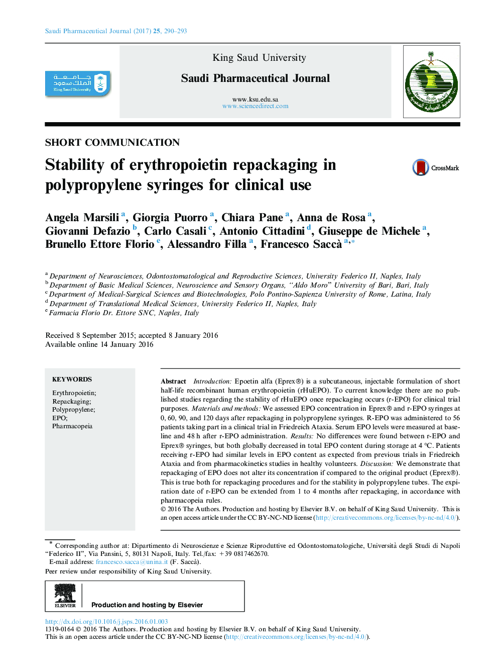 Stability of erythropoietin repackaging in polypropylene syringes for clinical use