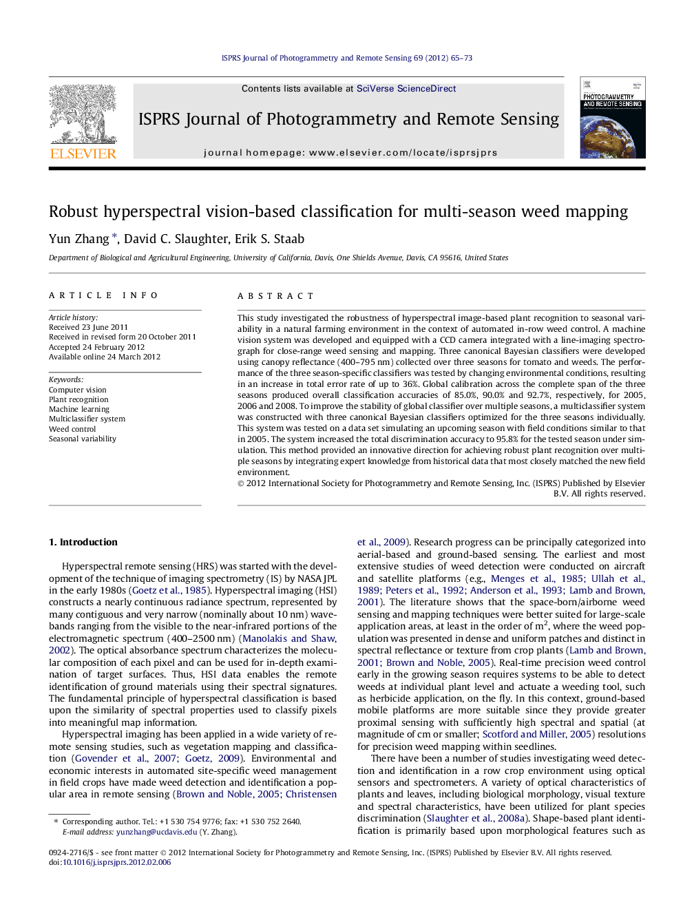 Robust hyperspectral vision-based classification for multi-season weed mapping