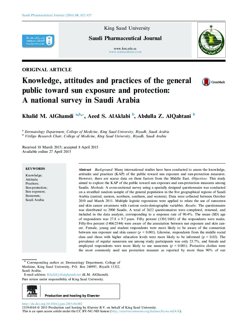 Knowledge, attitudes and practices of the general public toward sun exposure and protection: A national survey in Saudi Arabia