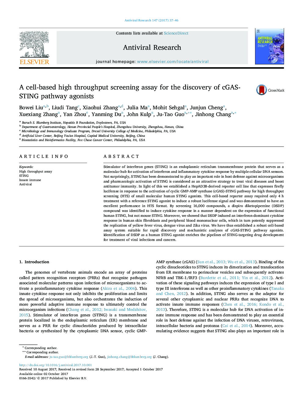 A cell-based high throughput screening assay for the discovery of cGAS-STING pathway agonists
