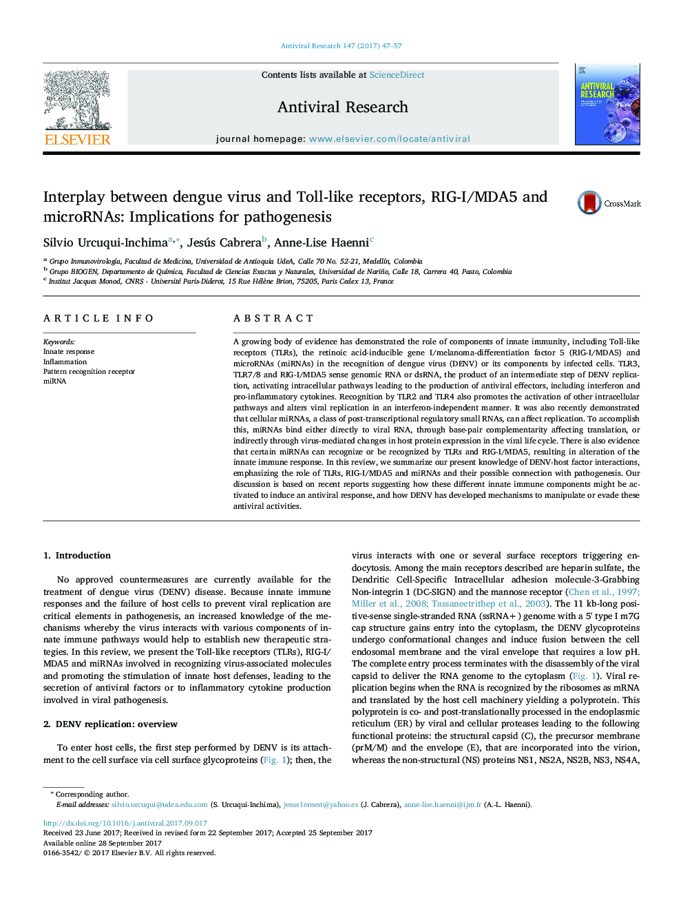 Interplay between dengue virus and Toll-like receptors, RIG-I/MDA5 and microRNAs: Implications for pathogenesis