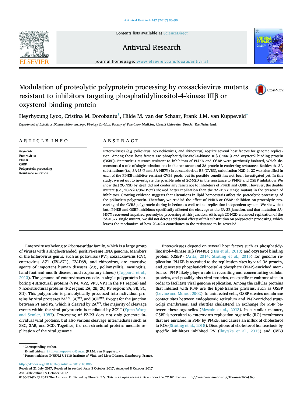 Modulation of proteolytic polyprotein processing by coxsackievirus mutants resistant to inhibitors targeting phosphatidylinositol-4-kinase IIIÎ² or oxysterol binding protein