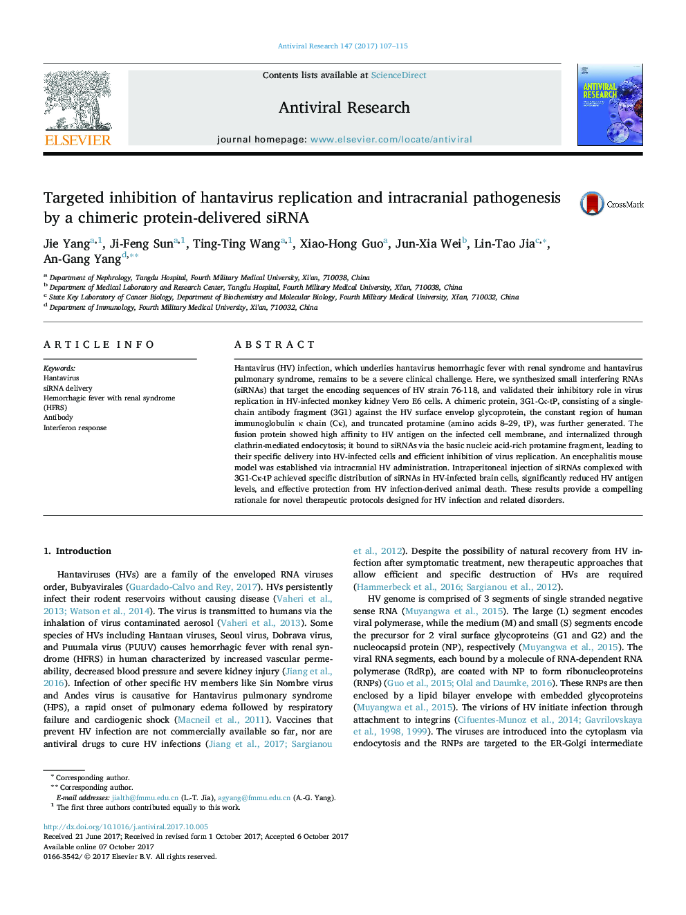 Targeted inhibition of hantavirus replication and intracranial pathogenesis by a chimeric protein-delivered siRNA