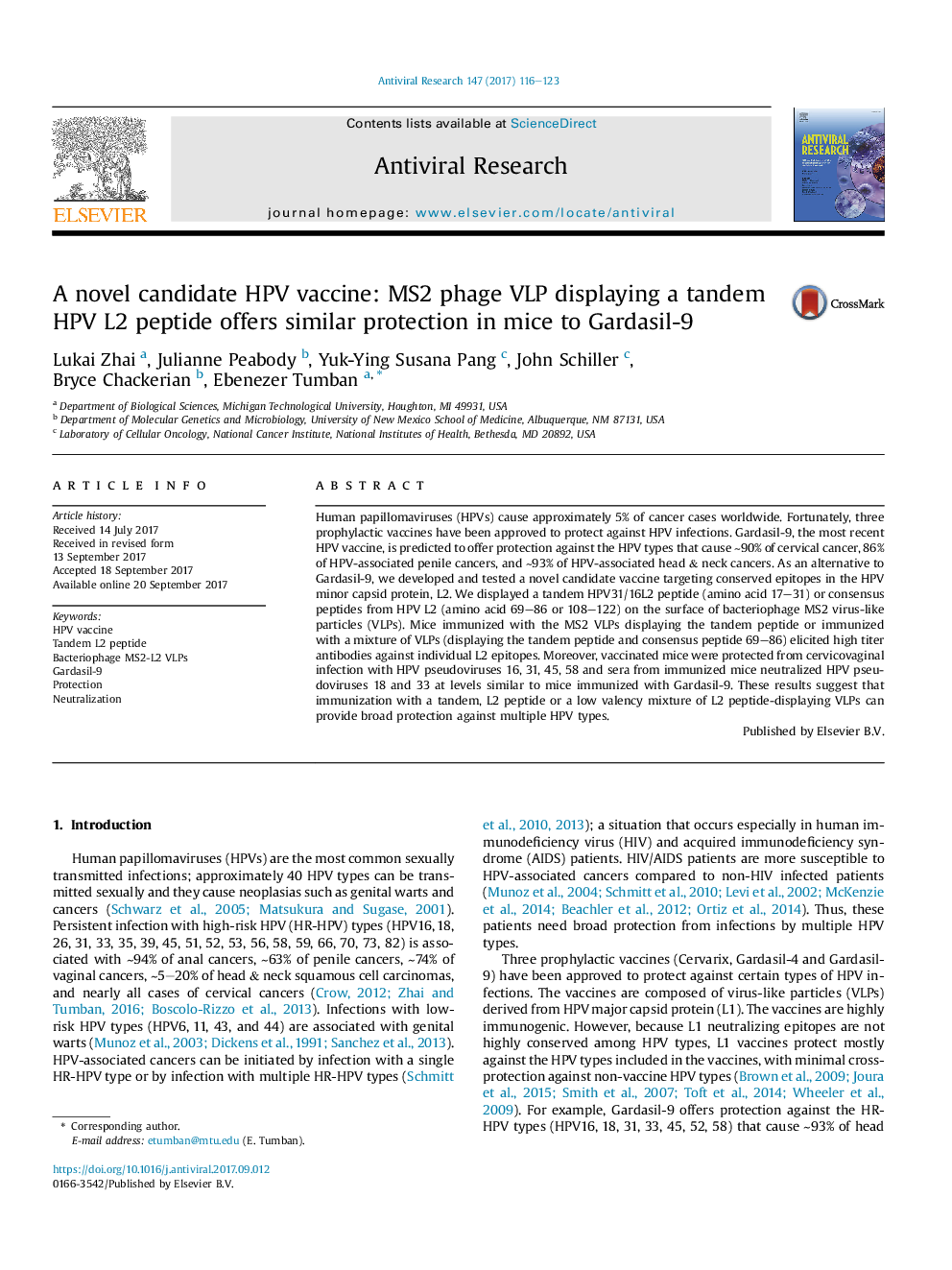 A novel candidate HPV vaccine: MS2 phage VLP displaying a tandem HPV L2 peptide offers similar protection in mice to Gardasil-9