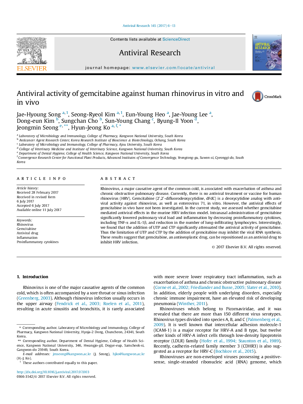 Antiviral activity of gemcitabine against human rhinovirus inÂ vitro and inÂ vivo