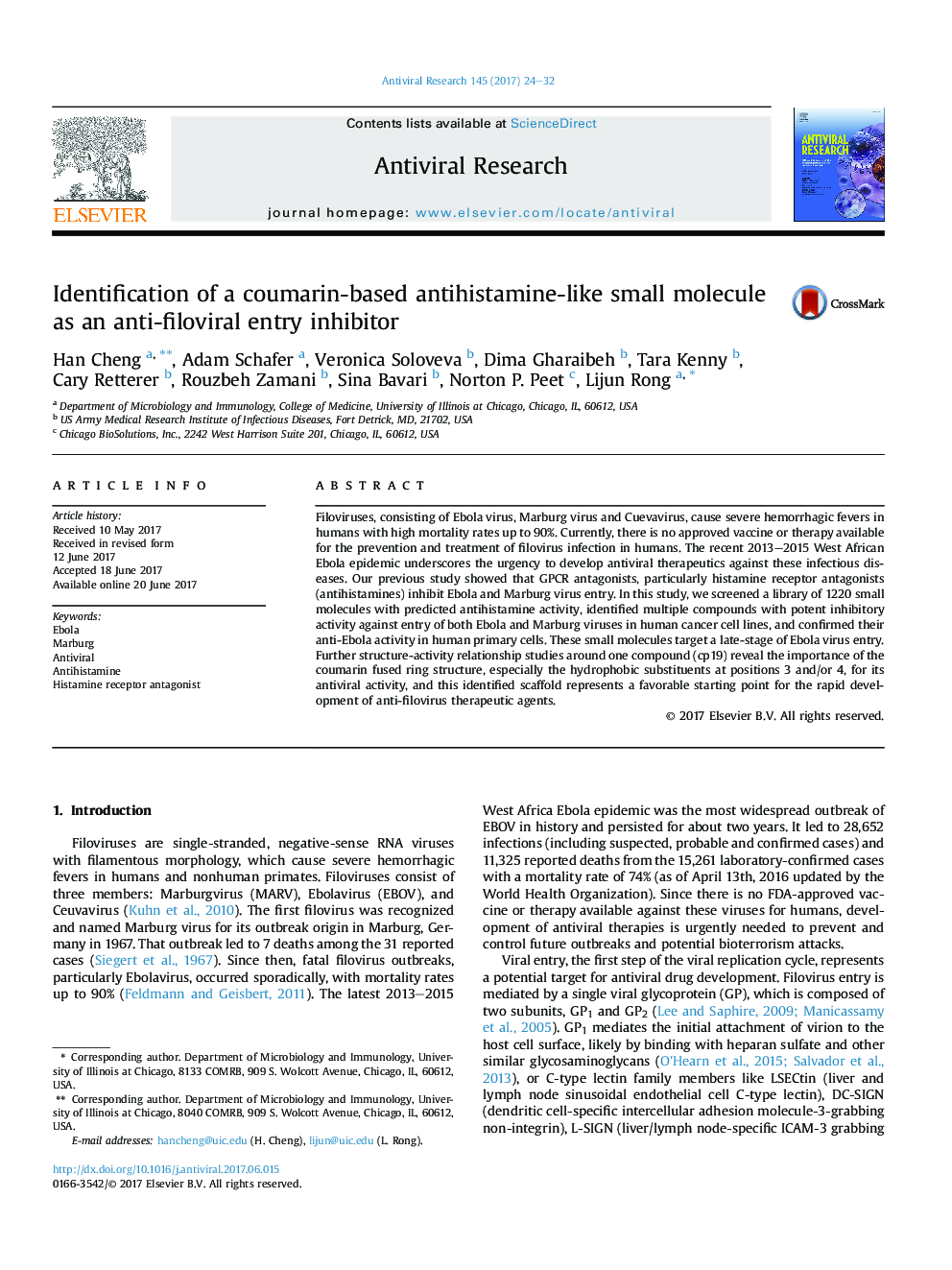 Identification of a coumarin-based antihistamine-like small molecule as an anti-filoviral entry inhibitor