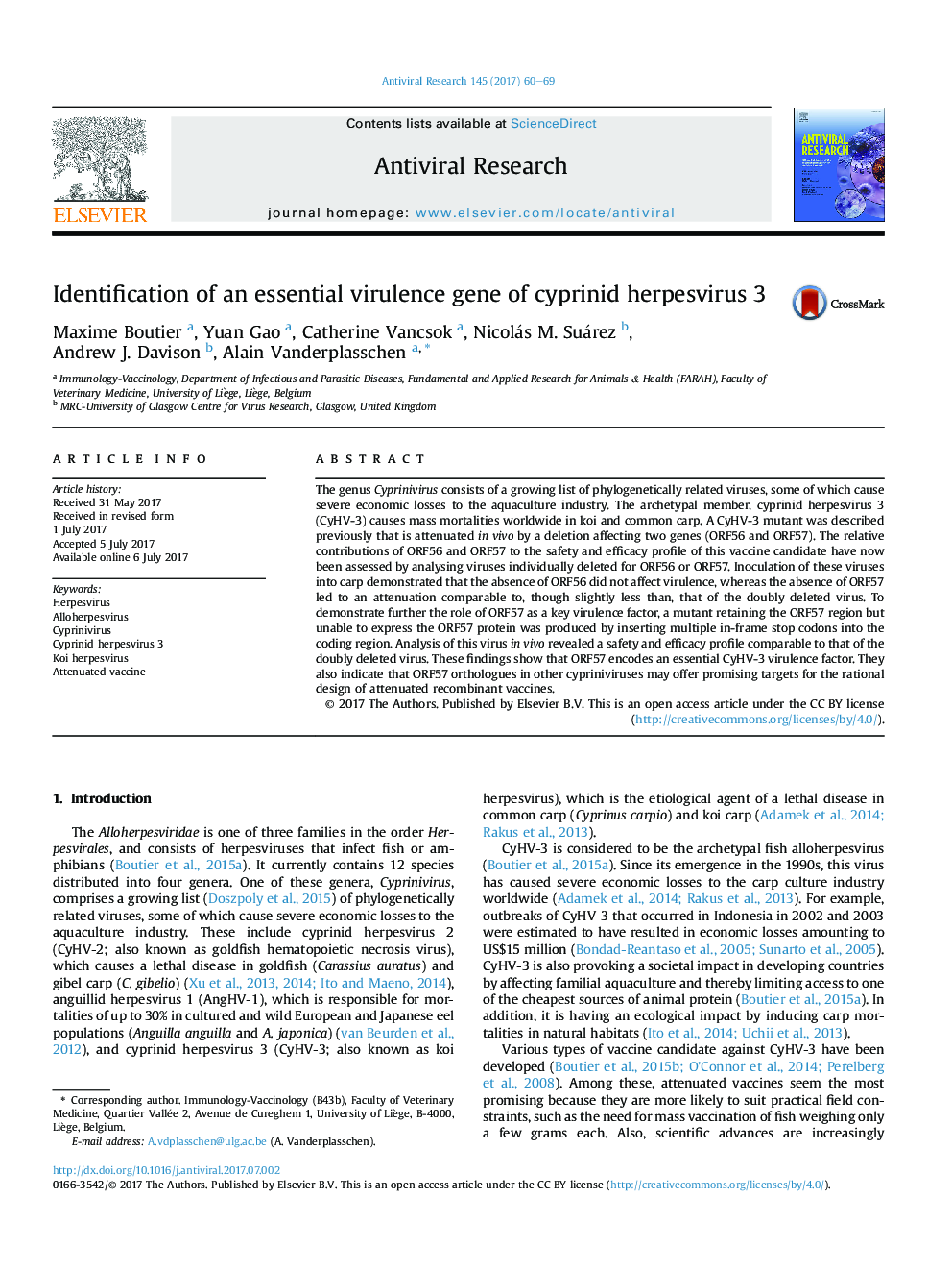 Identification of an essential virulence gene of cyprinid herpesvirus 3