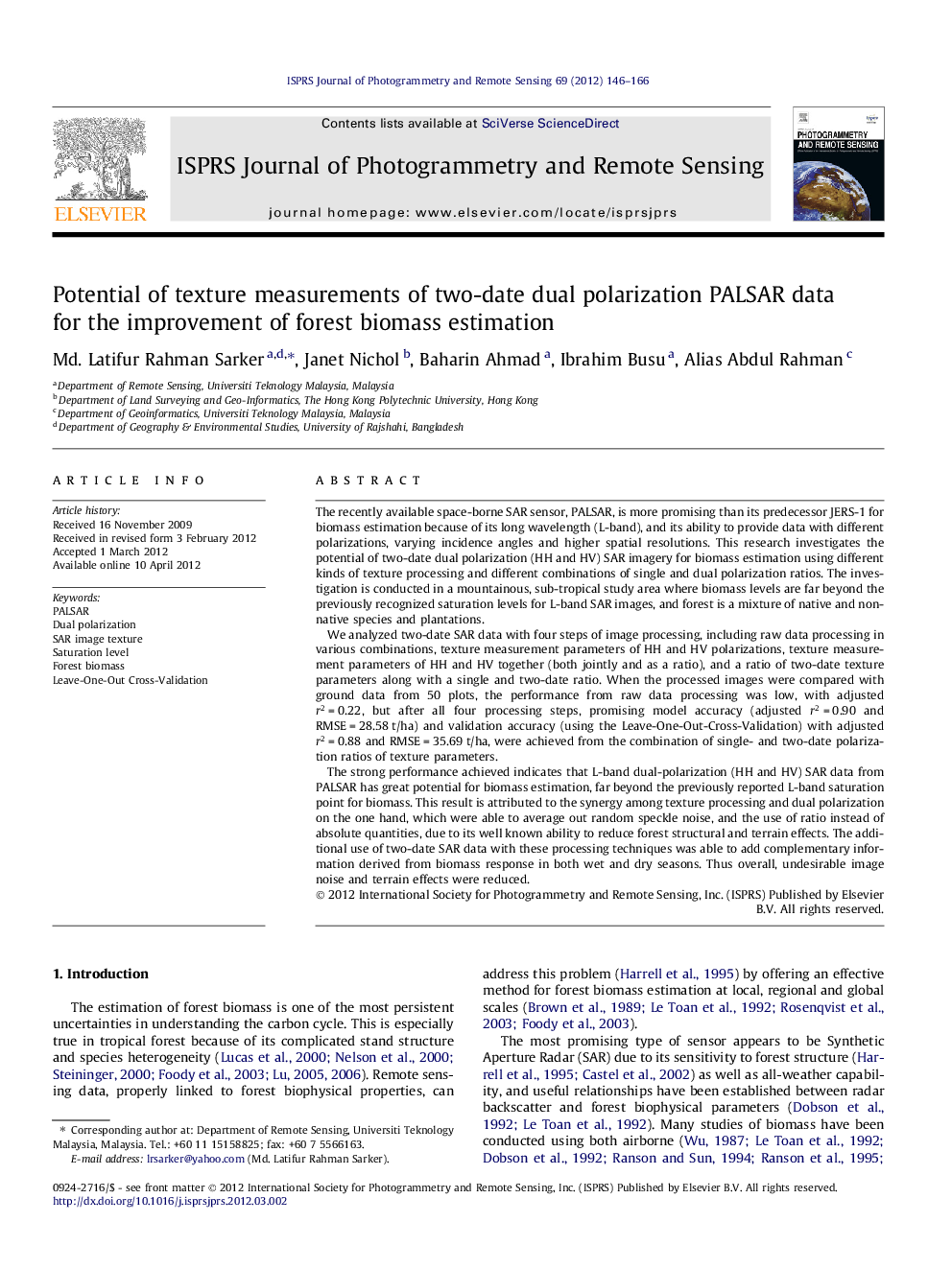 Potential of texture measurements of two-date dual polarization PALSAR data for the improvement of forest biomass estimation