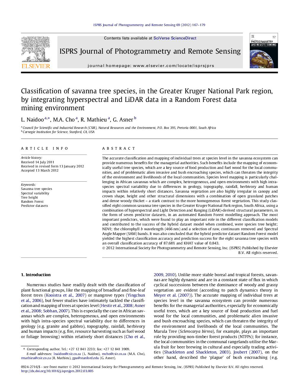 Classification of savanna tree species, in the Greater Kruger National Park region, by integrating hyperspectral and LiDAR data in a Random Forest data mining environment