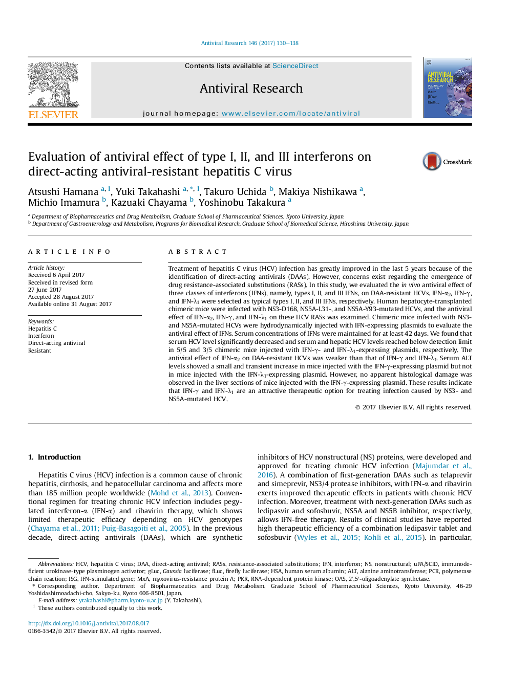 Evaluation of antiviral effect of type I, II, and III interferons on direct-acting antiviral-resistant hepatitis C virus