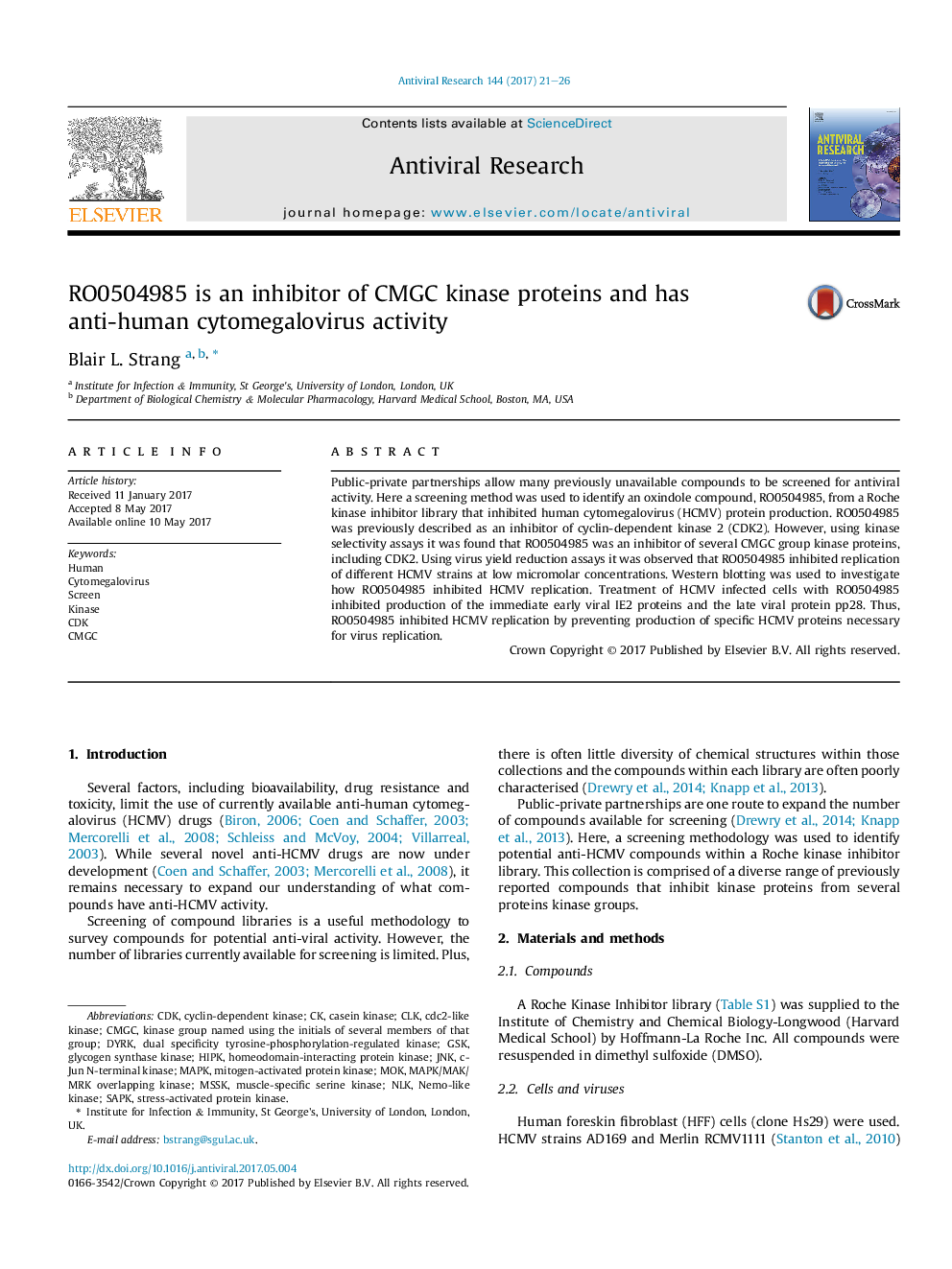 RO0504985 is an inhibitor of CMGC kinase proteins and has anti-human cytomegalovirus activity