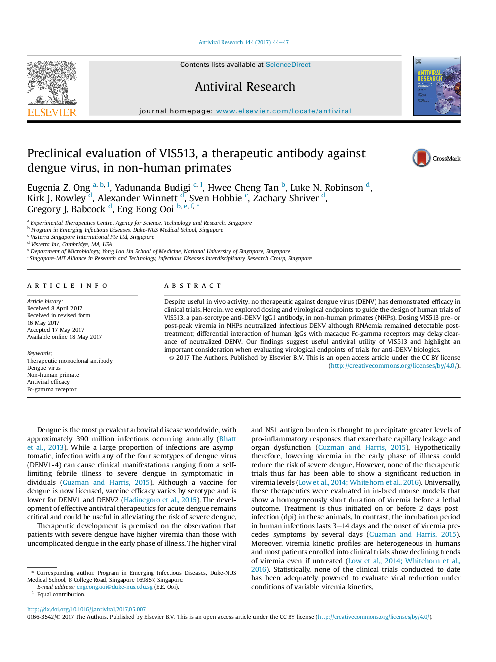 Preclinical evaluation of VIS513, a therapeutic antibody against dengue virus, in non-human primates