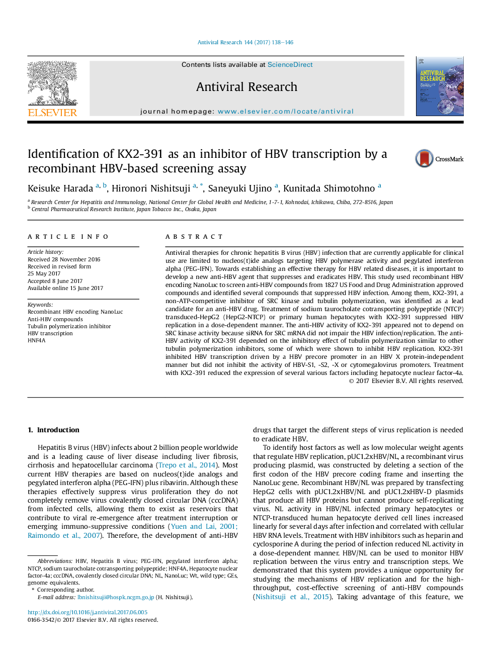 Identification of KX2-391 as an inhibitor of HBV transcription by a recombinant HBV-based screening assay