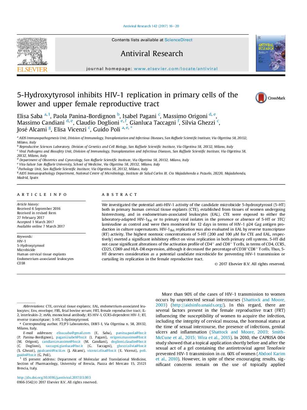 5-Hydroxytyrosol inhibits HIV-1 replication in primary cells of the lower and upper female reproductive tract