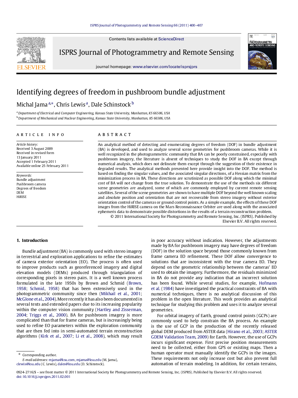 Identifying degrees of freedom in pushbroom bundle adjustment