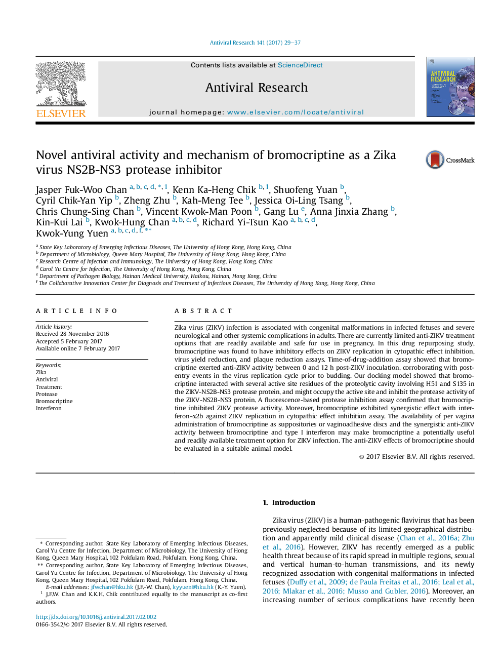 Novel antiviral activity and mechanism of bromocriptine as a Zika virus NS2B-NS3 protease inhibitor