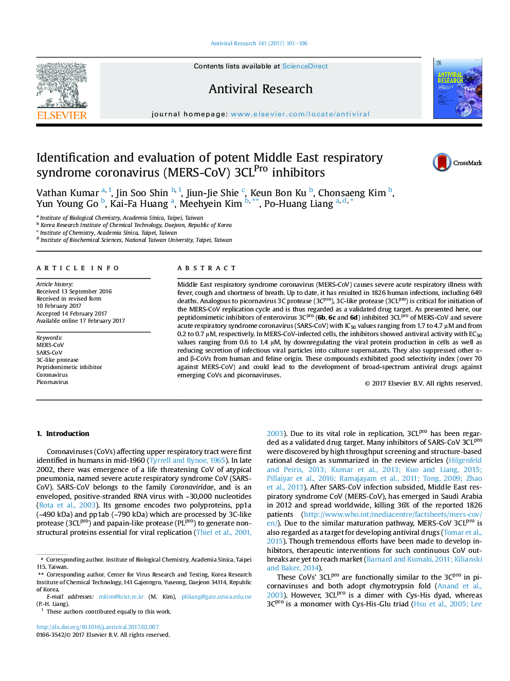 Identification and evaluation of potent Middle East respiratory syndrome coronavirus (MERS-CoV) 3CLPro inhibitors