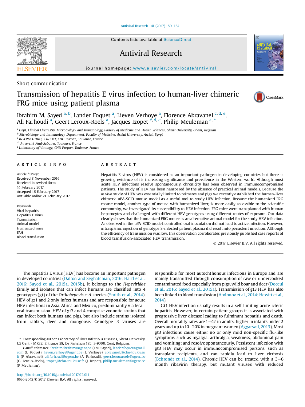 Transmission of hepatitis E virus infection to human-liver chimeric FRG mice using patient plasma