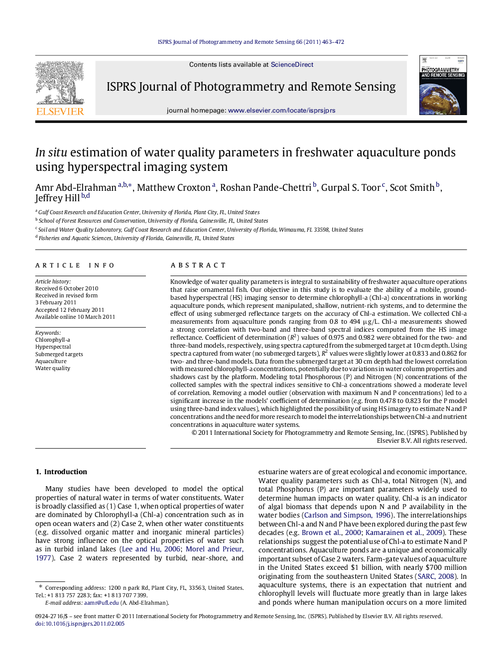 In situ estimation of water quality parameters in freshwater aquaculture ponds using hyperspectral imaging system