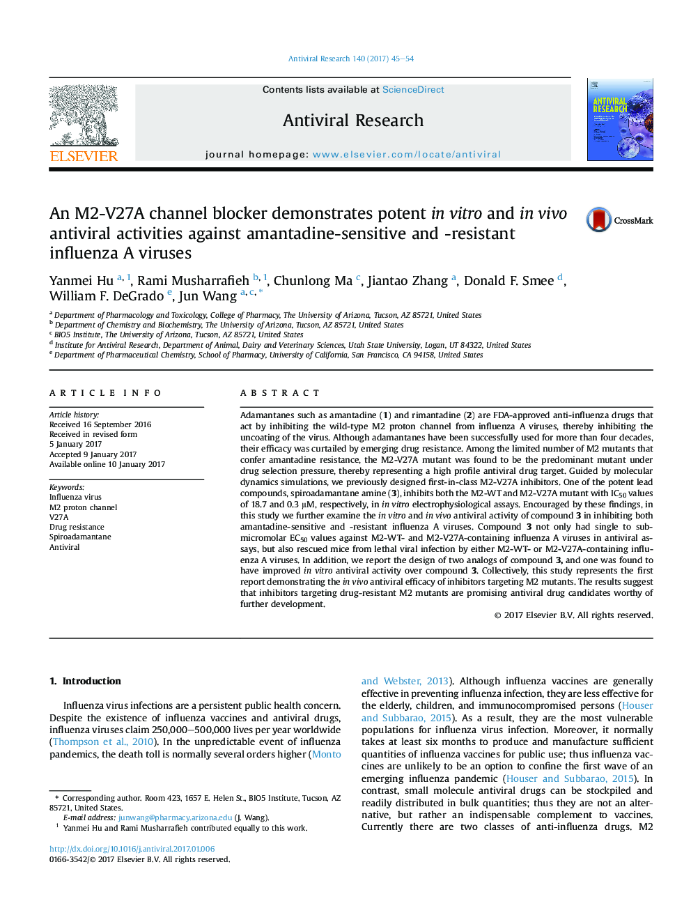 An M2-V27A channel blocker demonstrates potent inÂ vitro and inÂ vivo antiviral activities against amantadine-sensitive and -resistant influenza A viruses