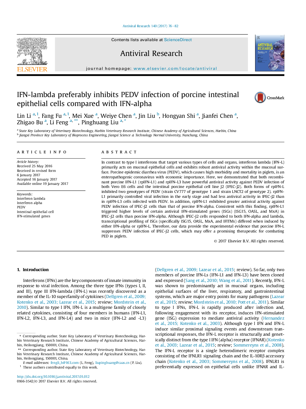 IFN-lambda preferably inhibits PEDV infection of porcine intestinal epithelial cells compared with IFN-alpha