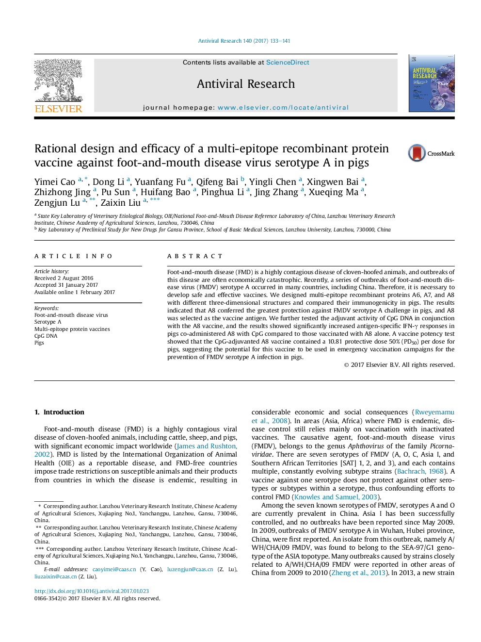 Rational design and efficacy of a multi-epitope recombinant protein vaccine against foot-and-mouth disease virus serotype A in pigs