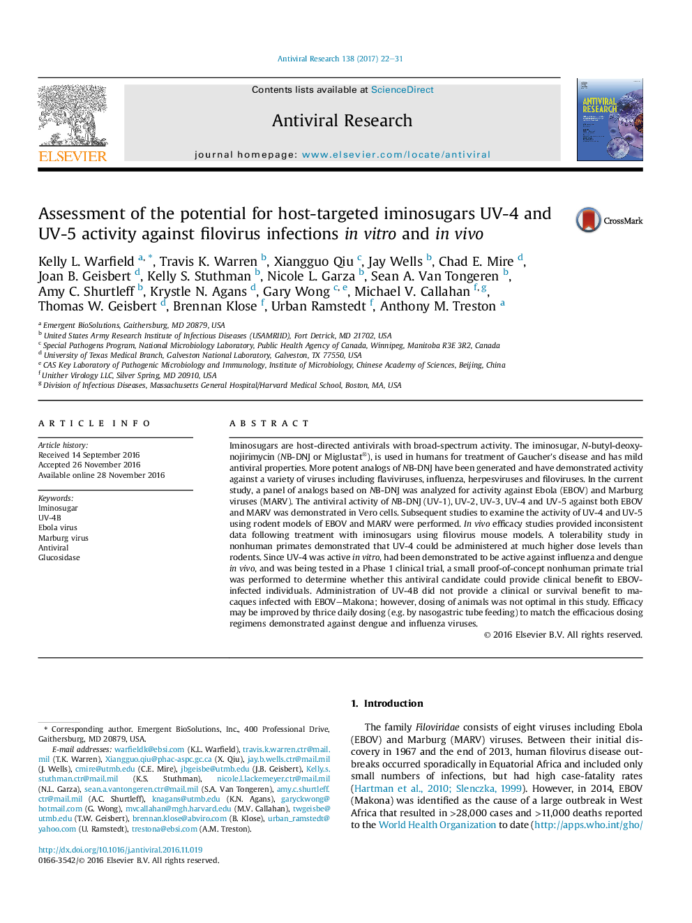 عکس صفحه اول مقاله: Assessment of the potential for host-targeted iminosugars UV-4 and UV-5 activity against filovirus infections in vitro and in vivo Assessment of the potential for host-targeted iminosugars UV-4 and UV-5 activity against filovirus infections in vitro and in vivo