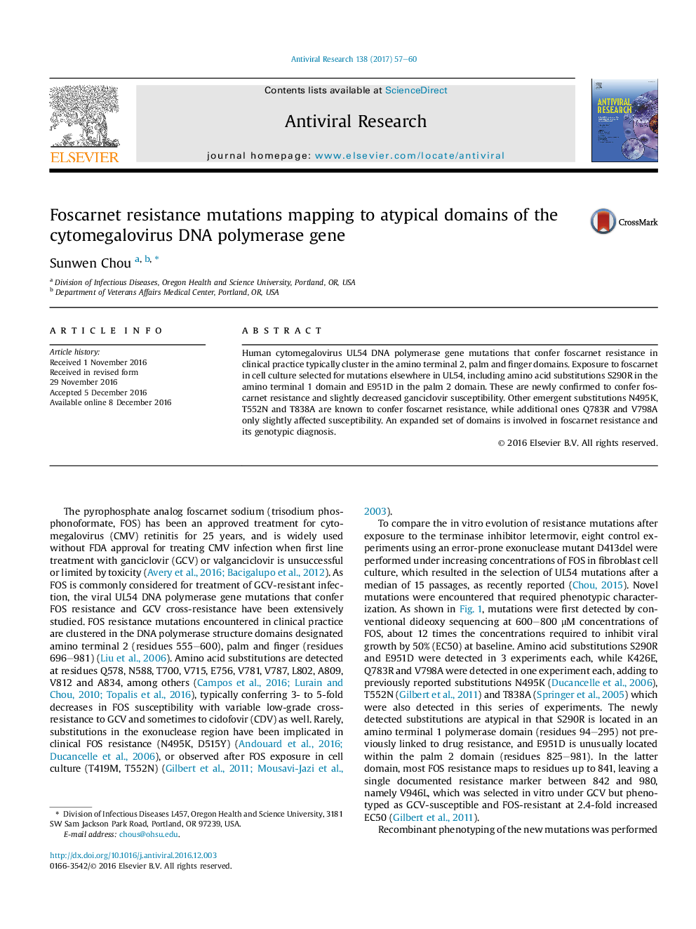 عکس صفحه اول مقاله: Foscarnet resistance mutations mapping to atypical domains of the cytomegalovirus DNA polymerase gene Foscarnet resistance mutations mapping to atypical domains of the cytomegalovirus DNA polymerase gene