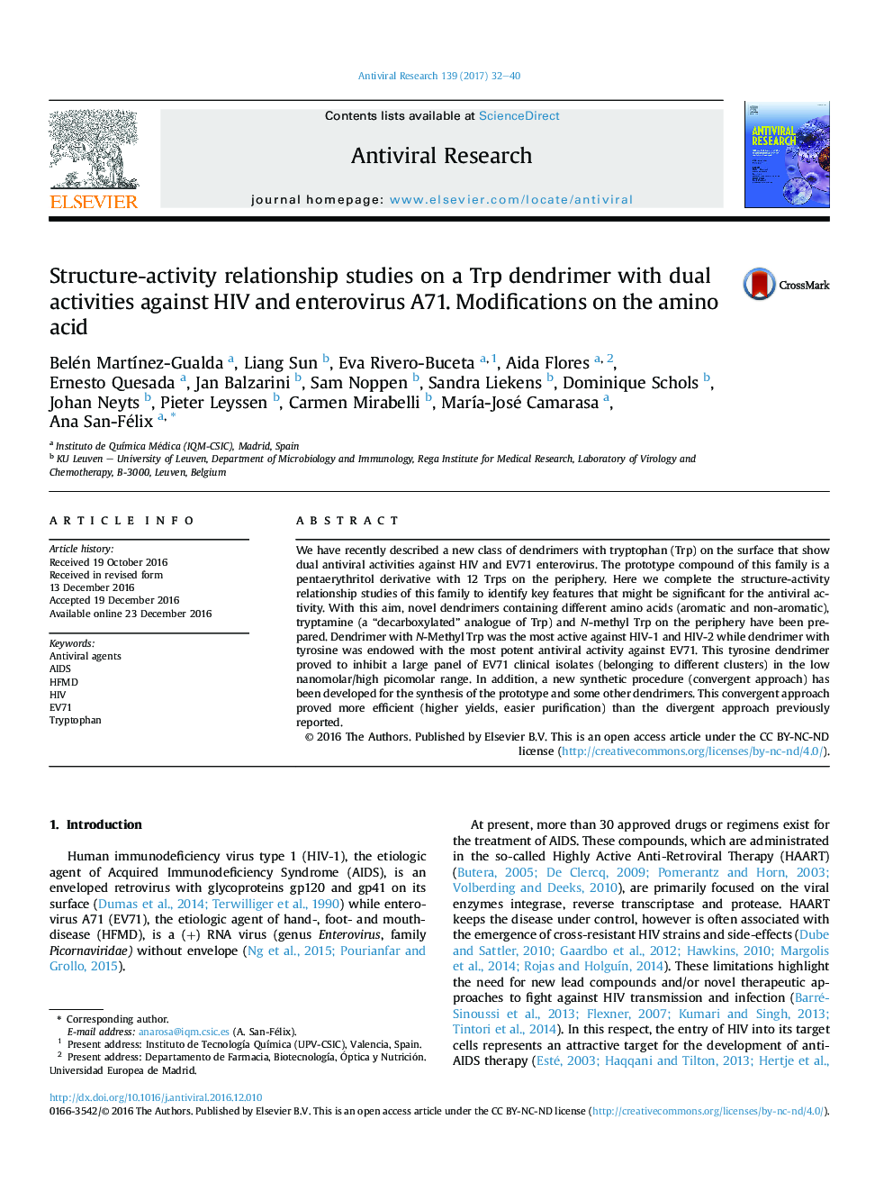 Structure-activity relationship studies on a Trp dendrimer with dual activities against HIV and enterovirus A71. Modifications on the amino acid