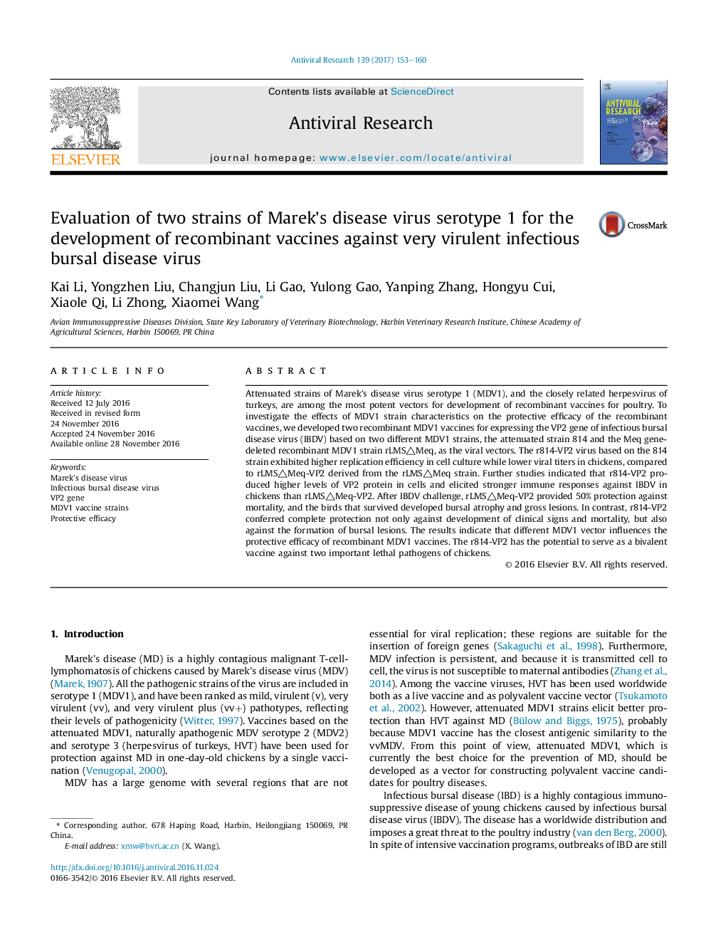 Evaluation of two strains of Marek's disease virus serotype 1 for the development of recombinant vaccines against very virulent infectious bursal disease virus