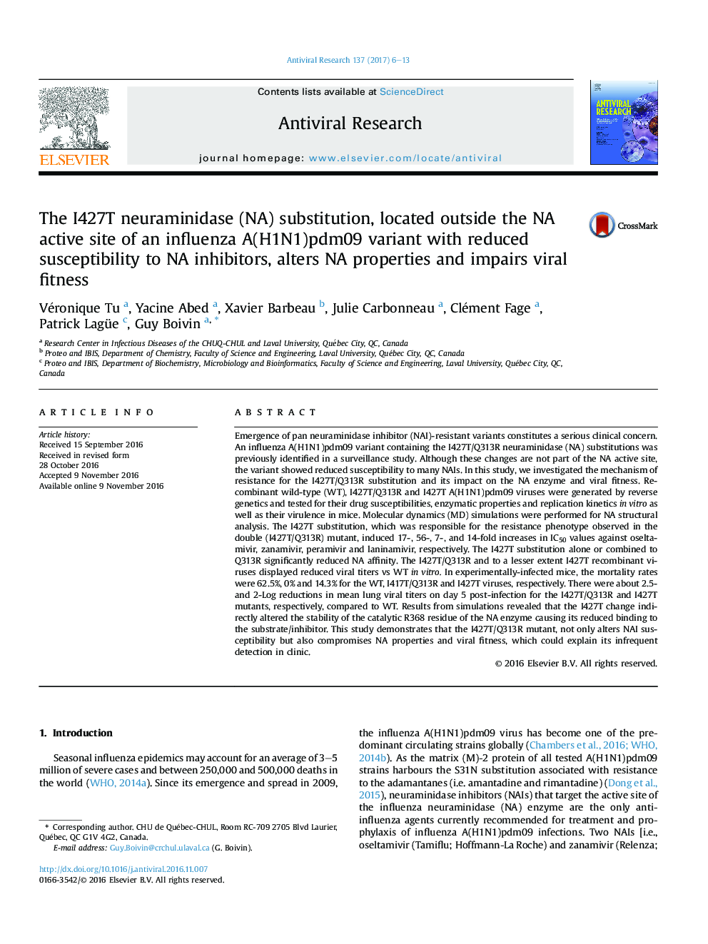 The I427T neuraminidase (NA) substitution, located outside the NA active site of an influenza A(H1N1)pdm09 variant with reduced susceptibility to NA inhibitors, alters NA properties and impairs viral fitness