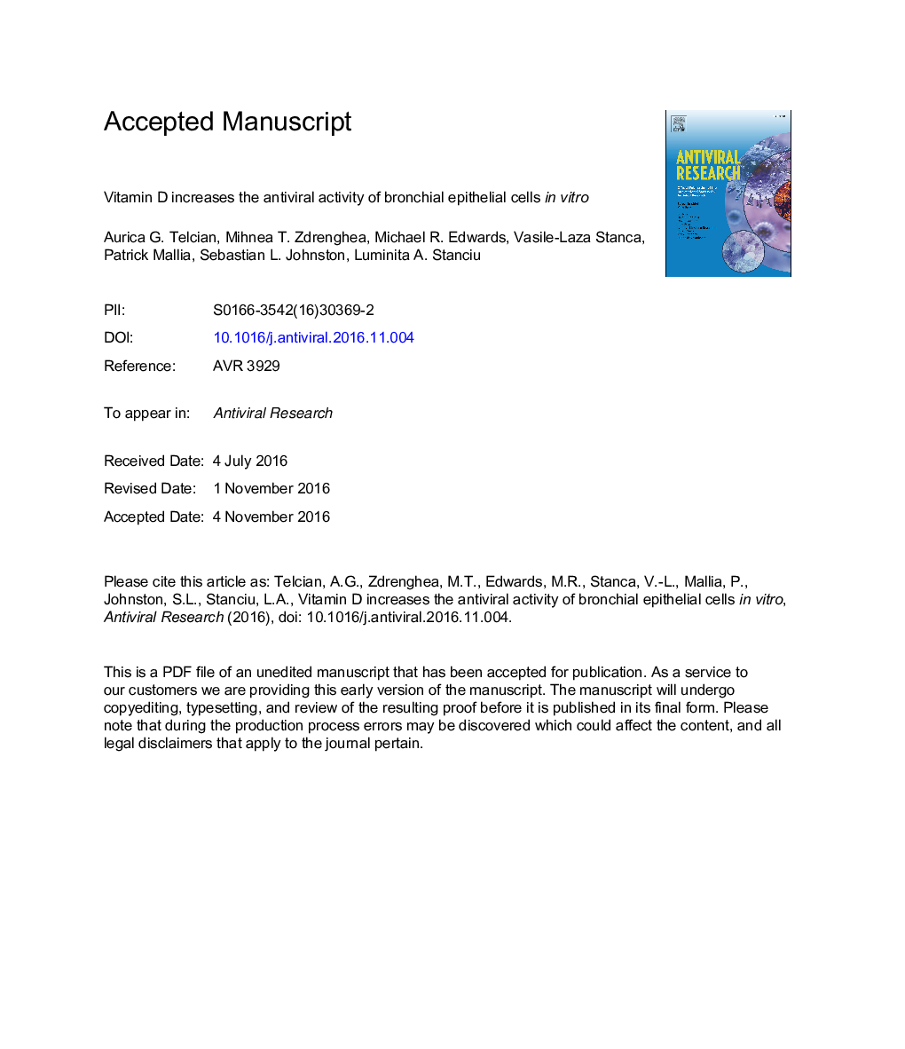 Vitamin D increases the antiviral activity of bronchial epithelial cells inÂ vitro