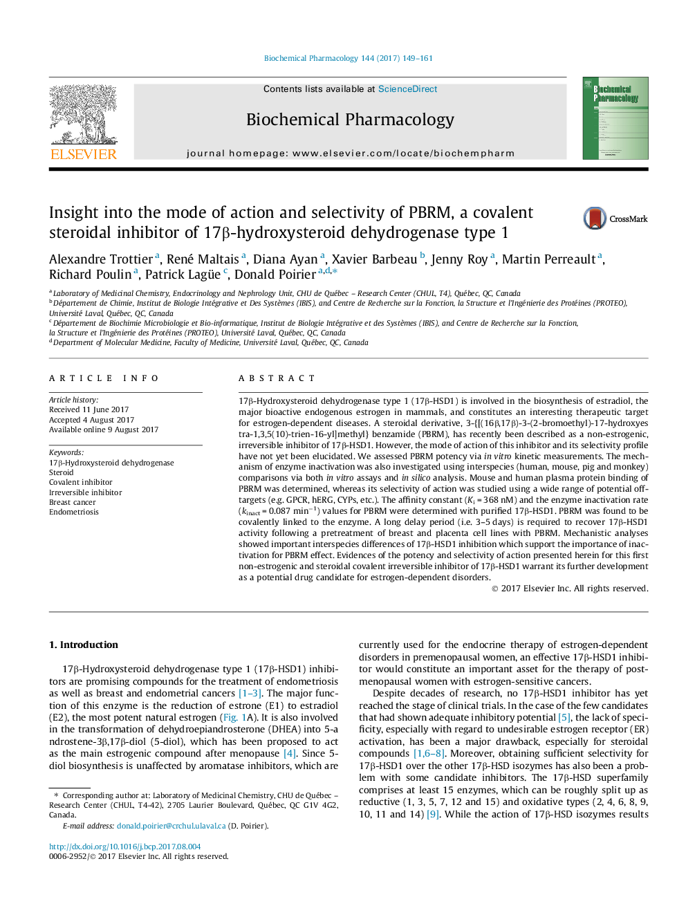 Insight into the mode of action and selectivity of PBRM, a covalent steroidal inhibitor of 17Î²-hydroxysteroid dehydrogenase type 1