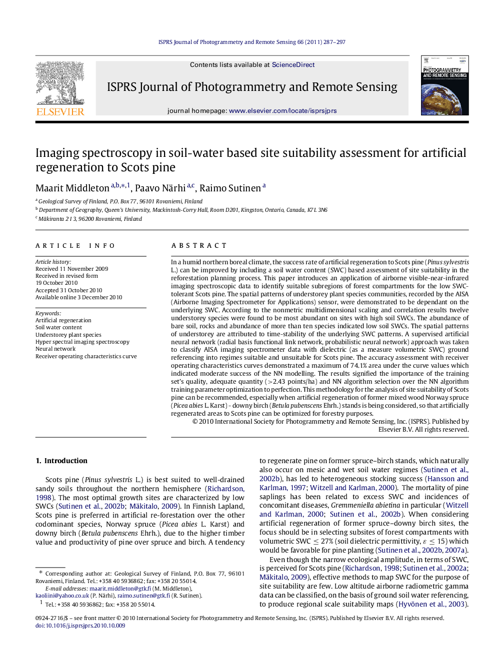 Imaging spectroscopy in soil-water based site suitability assessment for artificial regeneration to Scots pine