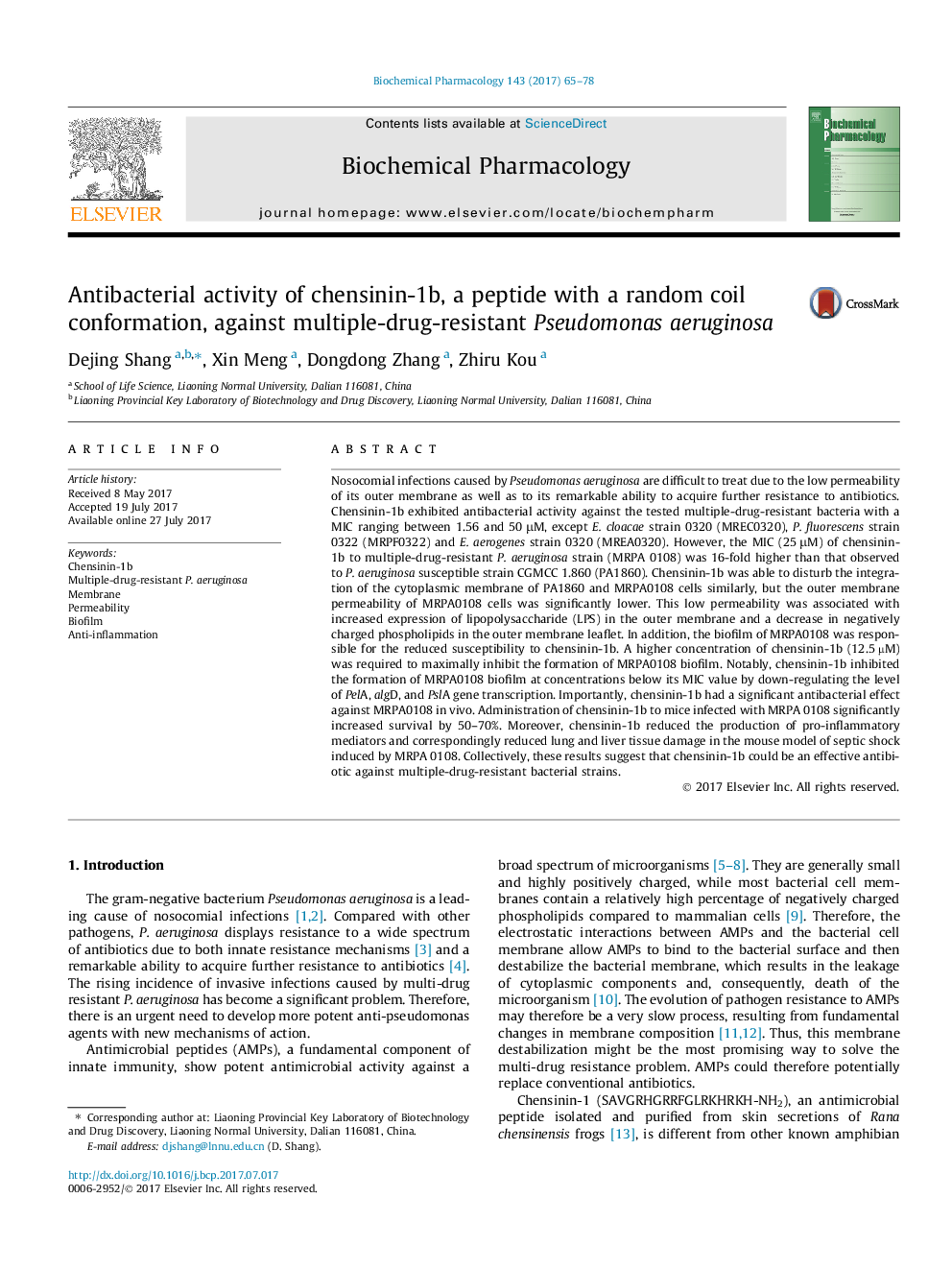 Antibacterial activity of chensinin-1b, a peptide with a random coil conformation, against multiple-drug-resistant Pseudomonas aeruginosa