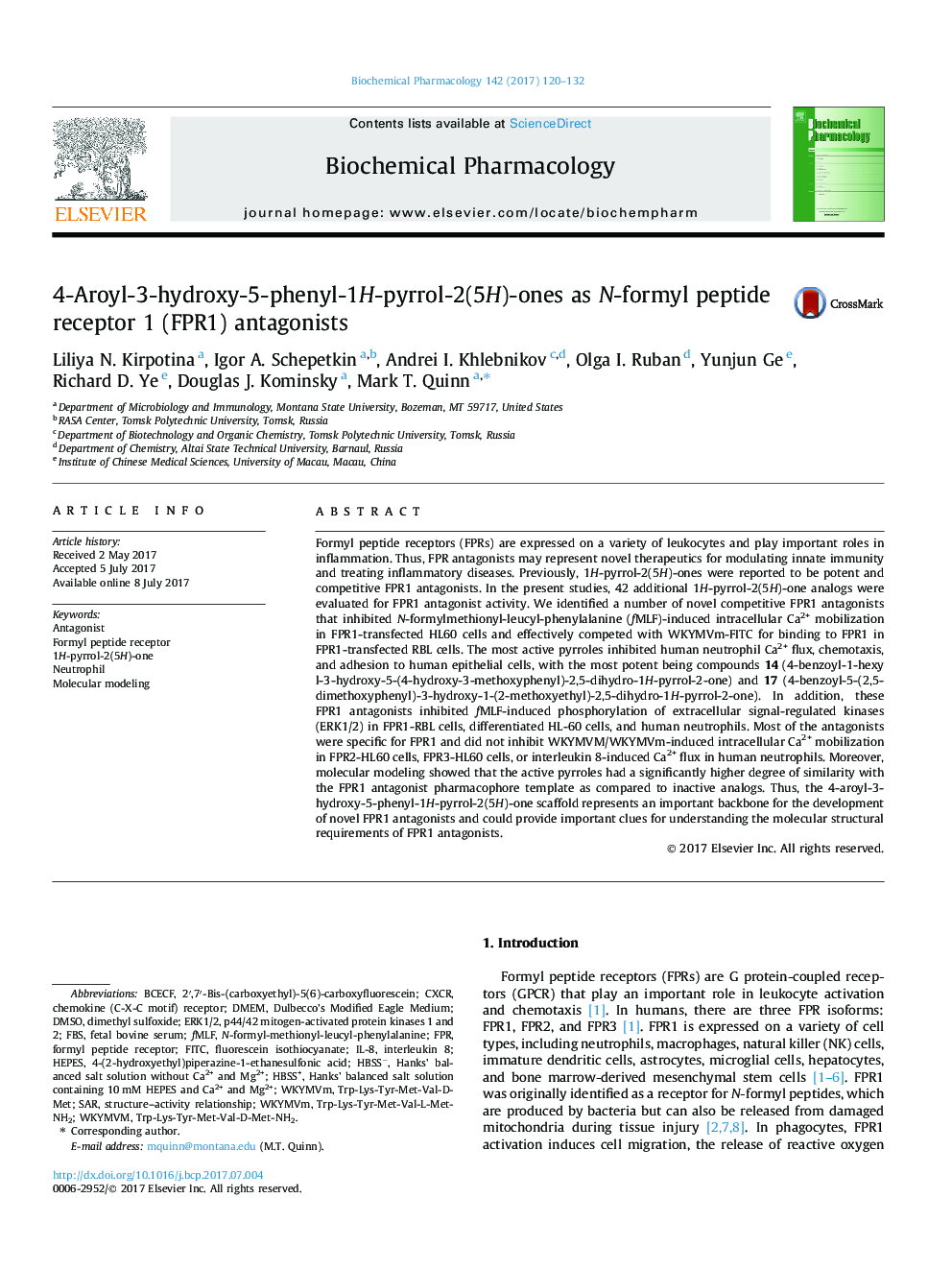 4-Aroyl-3-hydroxy-5-phenyl-1H-pyrrol-2(5H)-ones as N-formyl peptide receptor 1 (FPR1) antagonists