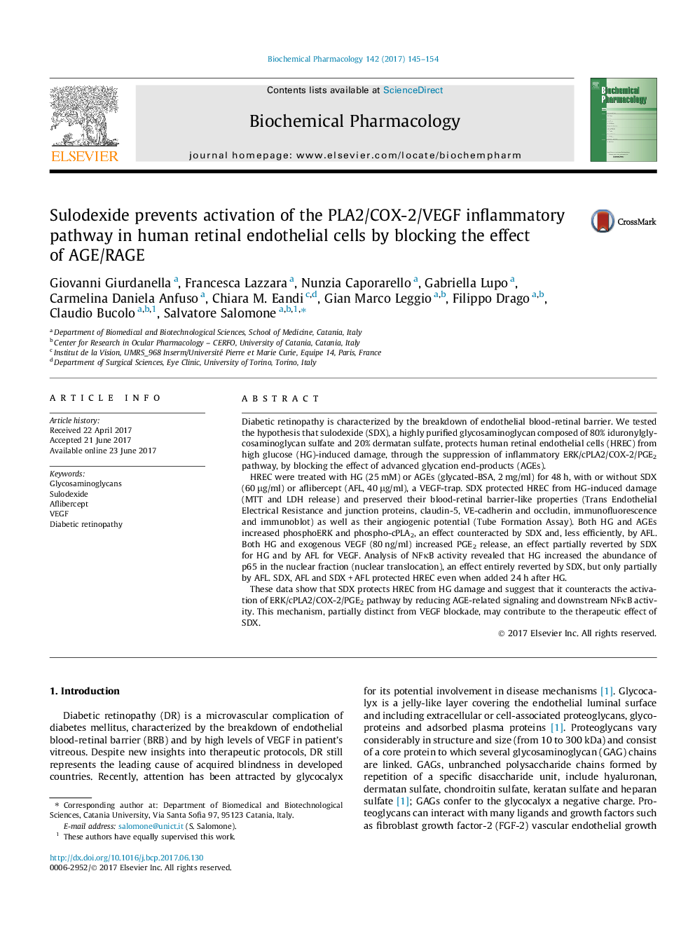 Sulodexide prevents activation of the PLA2/COX-2/VEGF inflammatory pathway in human retinal endothelial cells by blocking the effect of AGE/RAGE