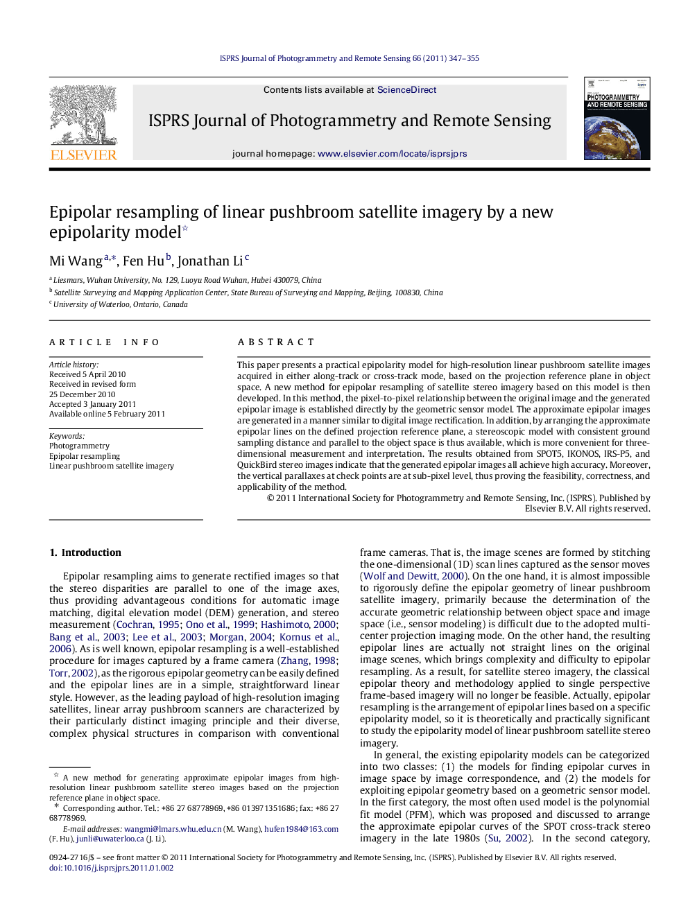 Epipolar resampling of linear pushbroom satellite imagery by a new epipolarity model 