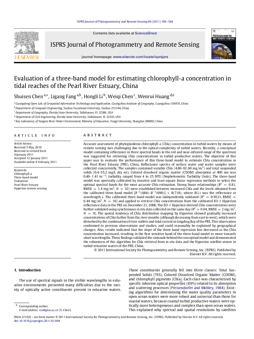 Evaluation of a three-band model for estimating chlorophyll-a concentration in tidal reaches of the Pearl River Estuary, China