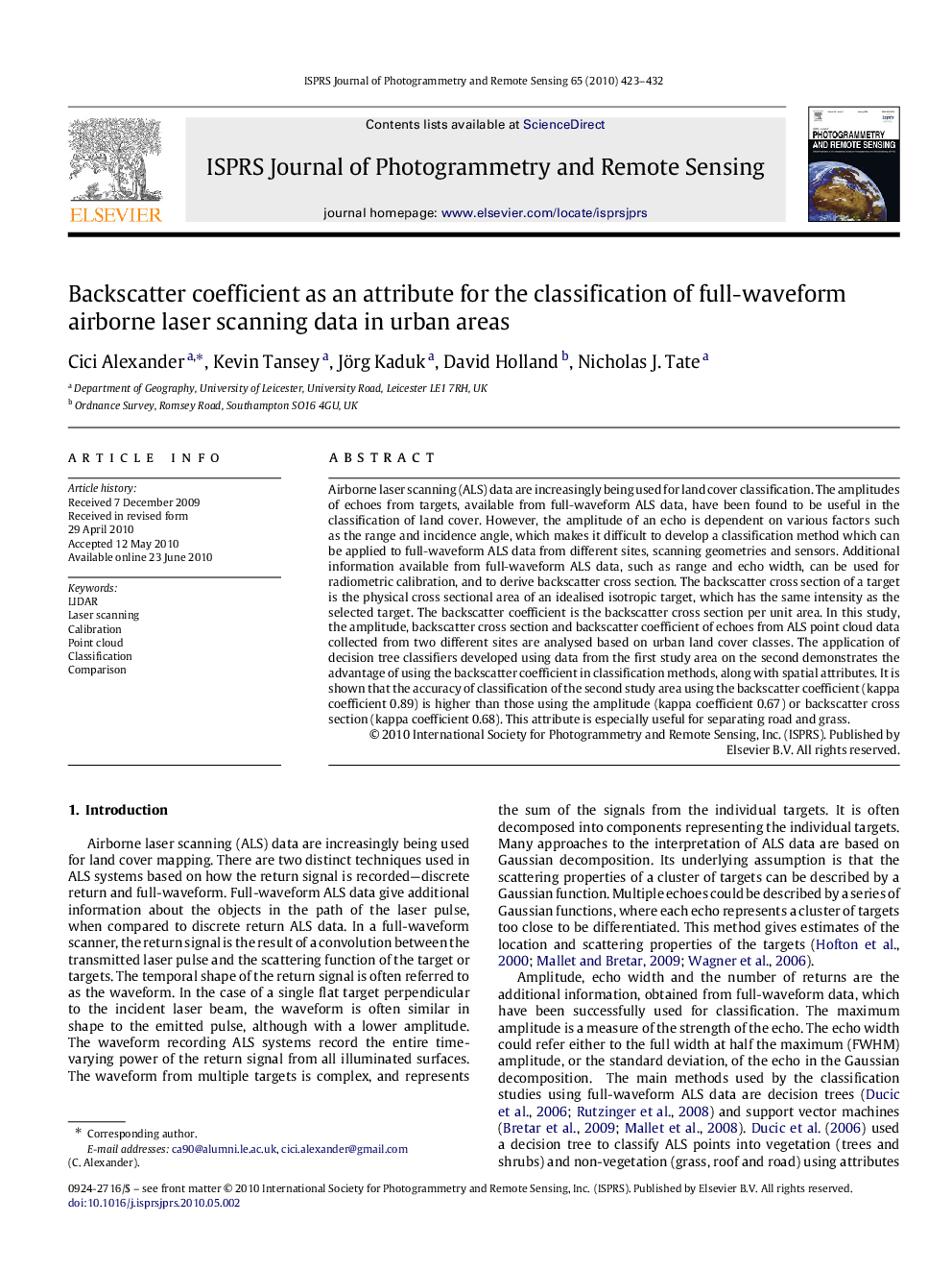 Backscatter coefficient as an attribute for the classification of full-waveform airborne laser scanning data in urban areas