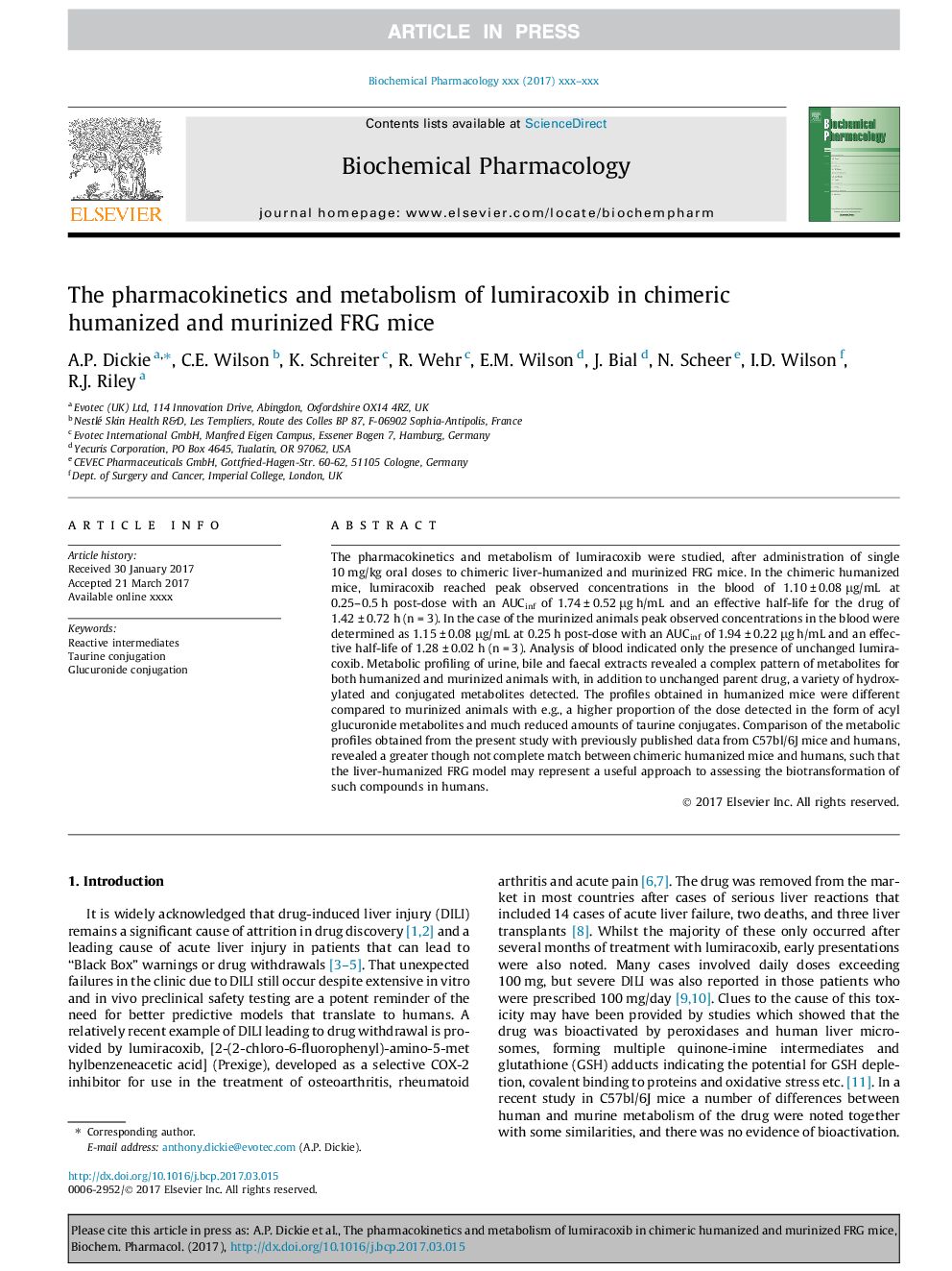 The pharmacokinetics and metabolism of lumiracoxib in chimeric humanized and murinized FRG mice