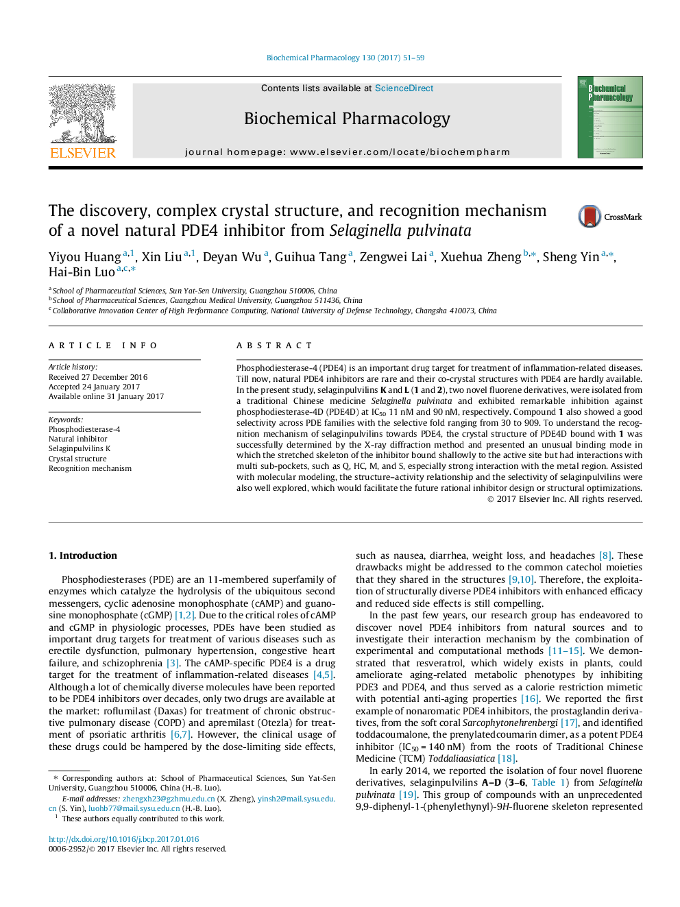 The discovery, complex crystal structure, and recognition mechanism of a novel natural PDE4 inhibitor from Selaginella pulvinata