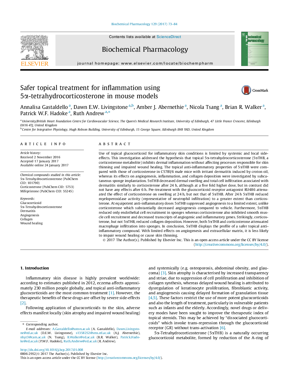 Safer topical treatment for inflammation using 5Î±-tetrahydrocorticosterone in mouse models