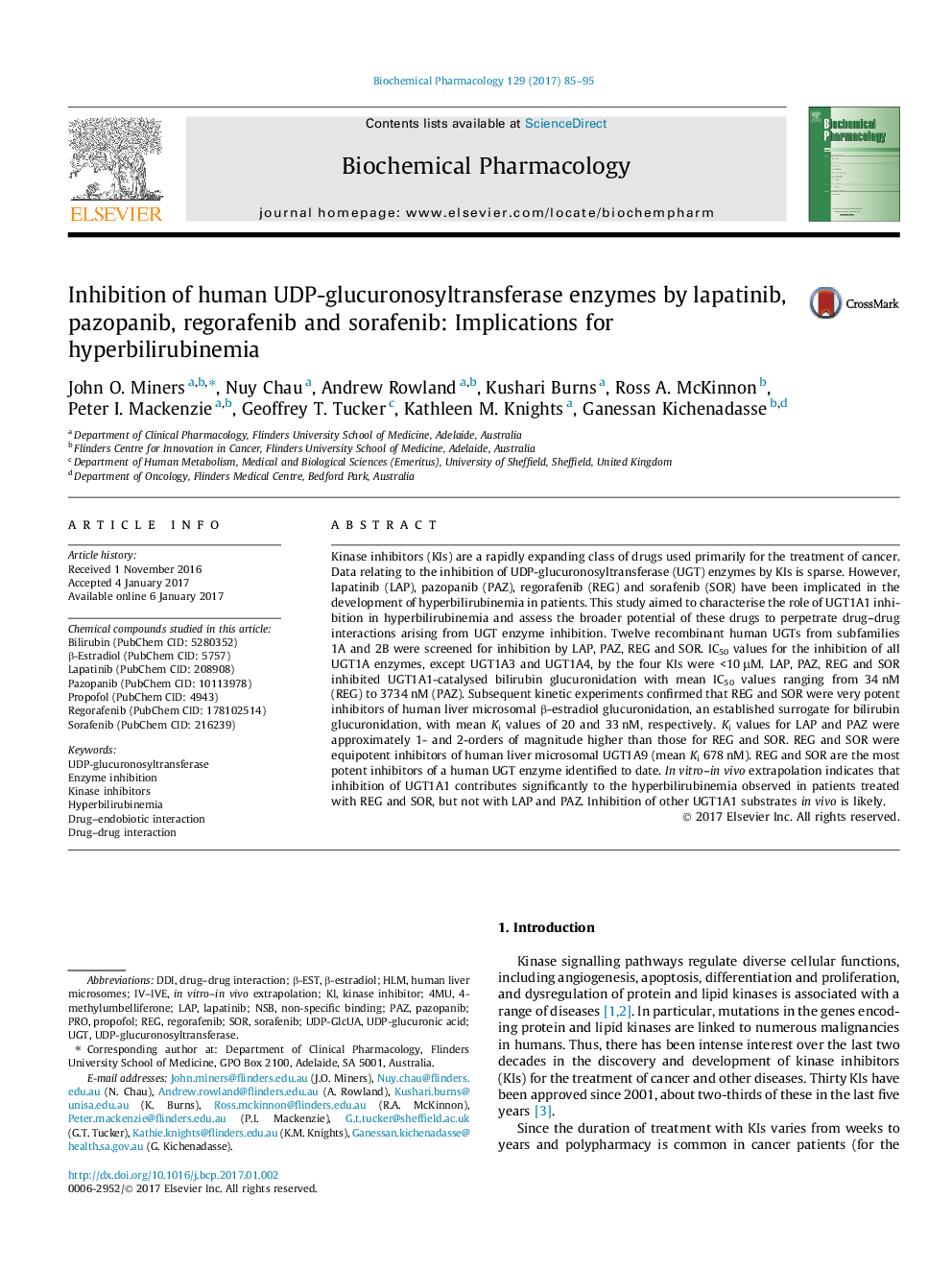 Inhibition of human UDP-glucuronosyltransferase enzymes by lapatinib, pazopanib, regorafenib and sorafenib: Implications for hyperbilirubinemia