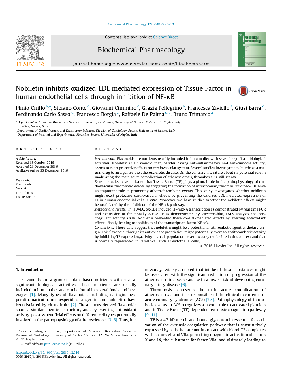 Nobiletin inhibits oxidized-LDL mediated expression of Tissue Factor in human endothelial cells through inhibition of NF-ÎºB