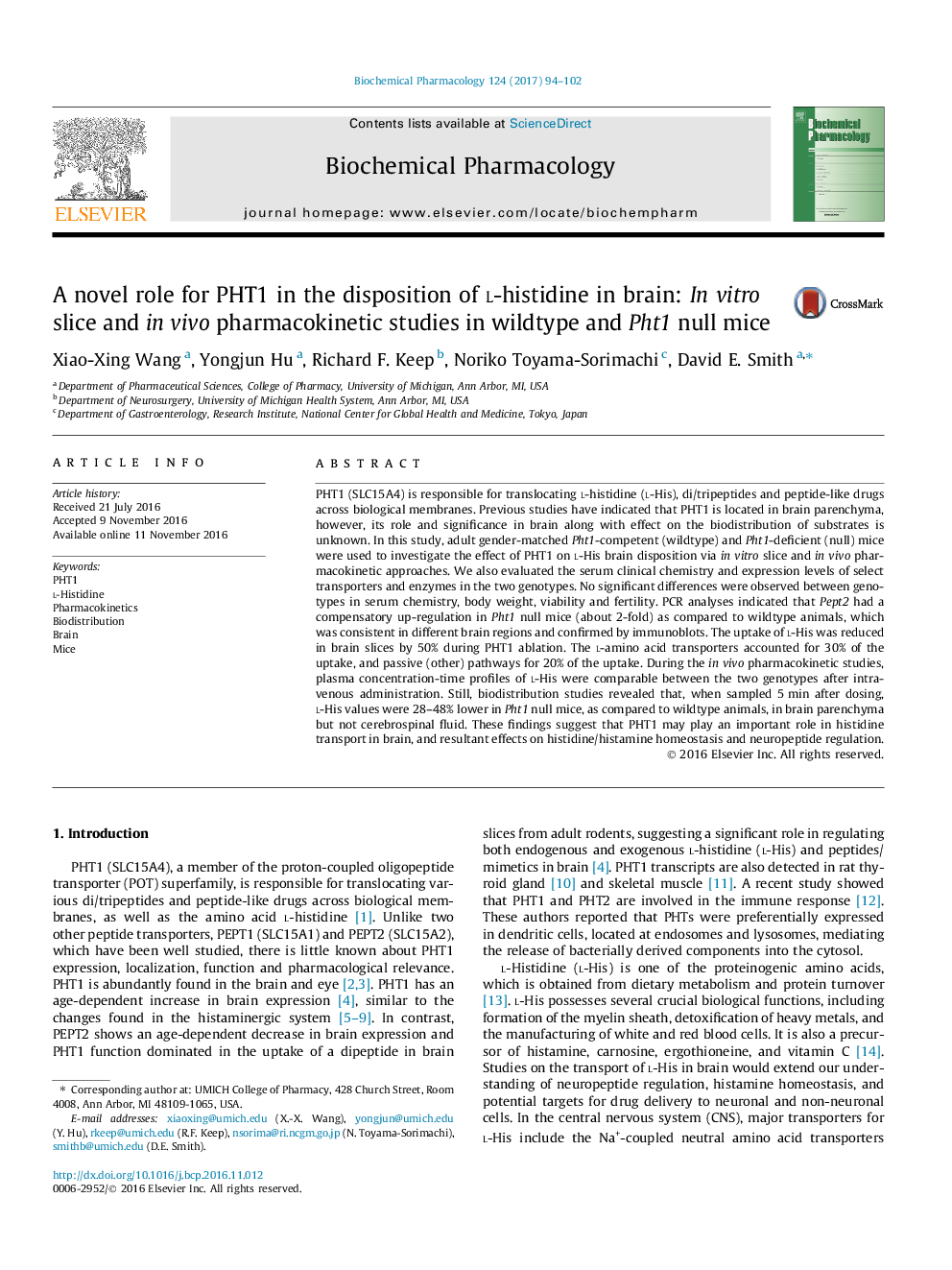 A novel role for PHT1 in the disposition of l-histidine in brain: In vitro slice and in vivo pharmacokinetic studies in wildtype and Pht1 null mice